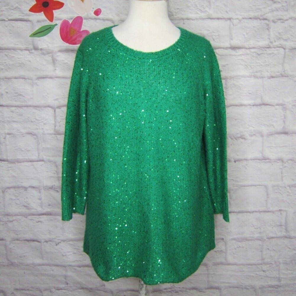 Anne Klein Women's size XL Green Sequin Pullover 3/4 Sleeve Sweater